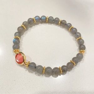 Natural Gray Moonstone With Red Crystal Stretch Bracelet